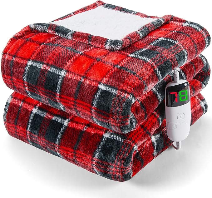 Heated Electric Blanket Twin Size,62X84 Heating Blanket,Red Plaid Soft Sherpa Blankets Warmer Gift for Grandma Women Adult,Fast Heating Washable