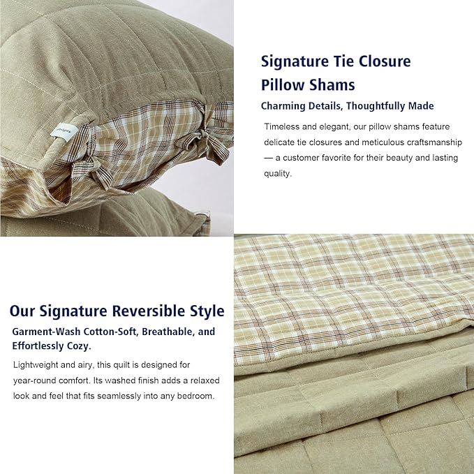 Moss Green Bedspreads Queen Size, Cotton Quilt 3-Pieces Bed Set Queen Size with Green Checked Stone Washed Bedding Coverlet with 2 Pillow Shams