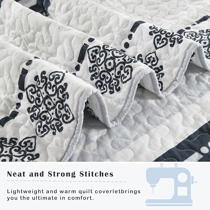 Cotton Comforter Set, Blue Quilts Queen Size, Luxury Striped Bedding Queen Size,Lightweight Reversible Bedspread 3 Piece