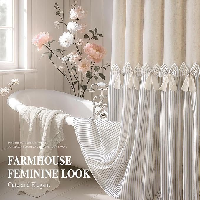 Farmhouse Shower Curtain Linen Beige Bow Woven Fabric Country Rustic Western, Pleated Beige Stripe 60" W x 72" L