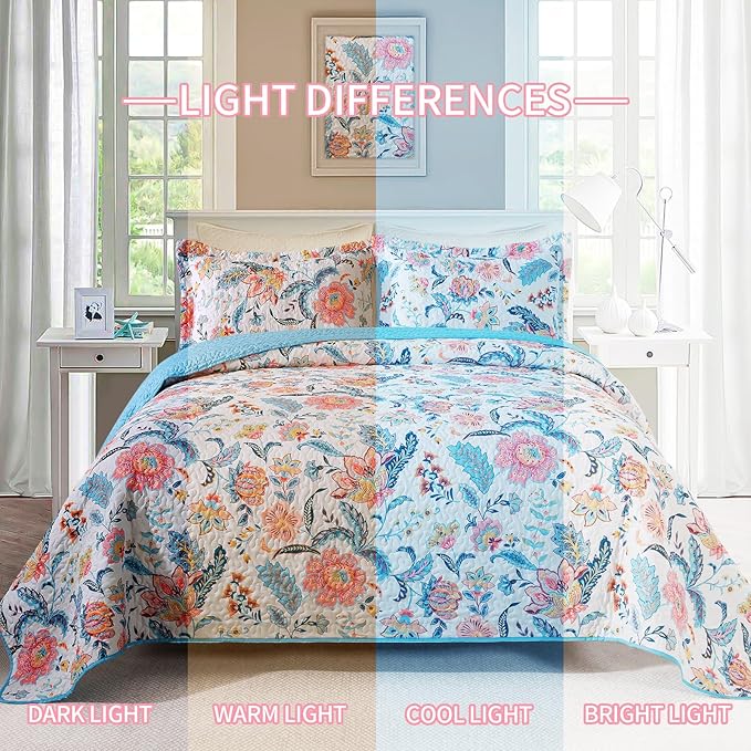 BEDIFANY Garden Cotton Filling Queen Size Quilt Set - Lightweight Bedspreads Queen Size (90 x 98 inch) with Colorful Floral Pattern - Farmhouse Queen Quilt Bedding Sets for Bed Coverlet, 3 Pieces