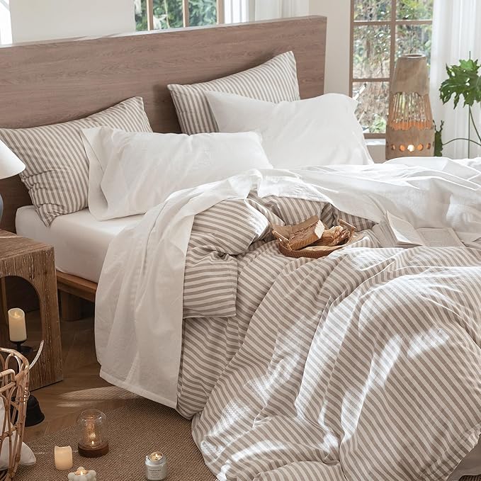 MooMee Bedding Sheet Set 100% Washed Cotton Linen Like Textured Breathable Durable Soft Comfy (Solid Off White, Full)