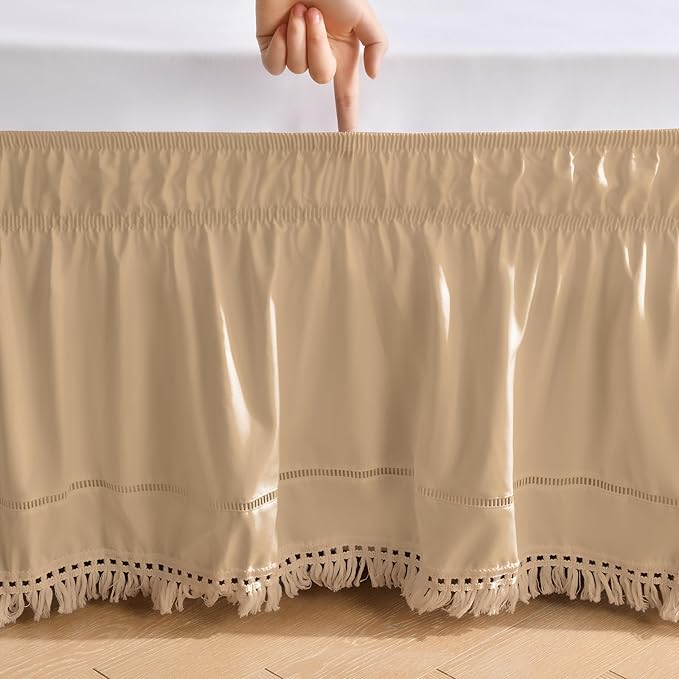 MIYE Wrap Around Ruffled Lace Bed Skirt, Elastic Dust Ruffle with Adjustable Belts, Easy to Put On, Bed Frame Cover, Machine Washable (Tassel Ruffle/Beige, King/Queen-18 Drop)