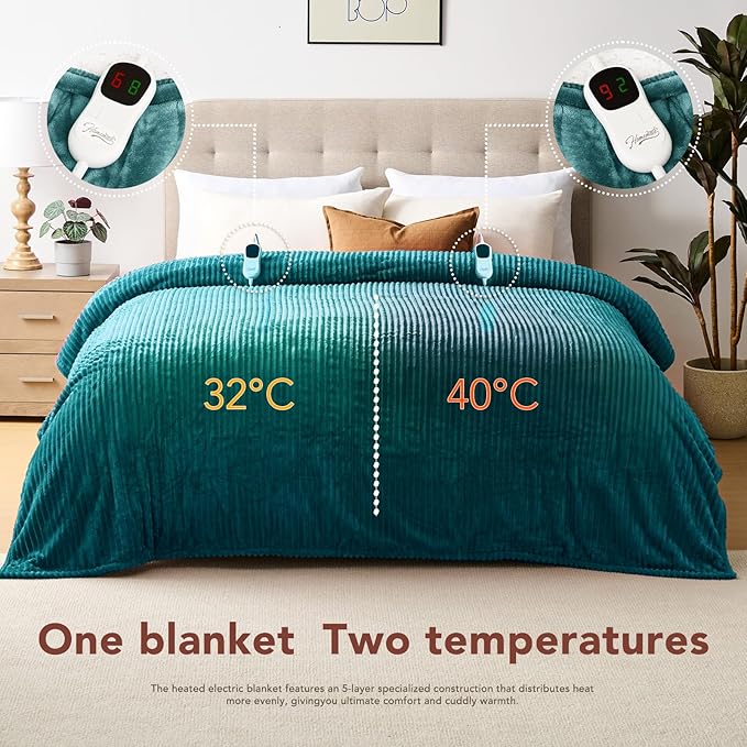 Homemate Electric Heated Blanket King Size - 100"x90" Heating Blanket King Size Dual Control 1/2/4/6/8 Hours Auto-Off 10 Heat Level Over-Heat Protection Soft Flannel Sherpa ETL Certification