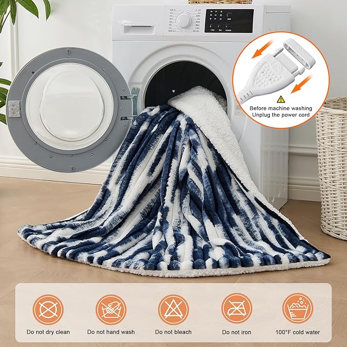 Heated Blanket Queen - 84"x90" Dual Control Bed Electric Blankets with 6 Heating Levels & 10 Hours Auto Off, Soft Ribbed Faux Fur Sherpa, Over-Heated Protection ETL, Navy Blue