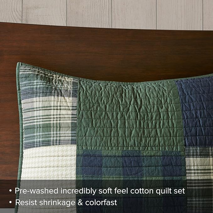 Woolrich Quilt Set Patchwork Channel Quilting, Cottege Coverlet for Twin Size Bed All Seasons, Lightweight Prewashed Cotton Coverlet Bedspread, Shams, Mill Creek, Oversized Twin/Twin XL Green 2 Piece