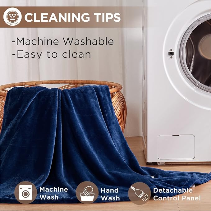 Westinghouse Heated Blanket Throw, Electric Throw with 6 Heating Levels, 2-10 Hours Time Settings, Overheat Protection, Machine Washable, Flannel (Throw, 50x60 Inches, Navy Blue)