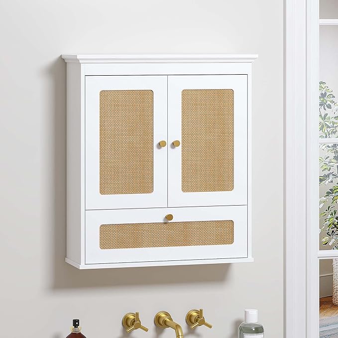 Spirich Bathroom Wall Cabinet Over Toilet, Modern Rattan Medicine Cabinet with Adjustable Shelf, Space-Saving Wall Mount Storage