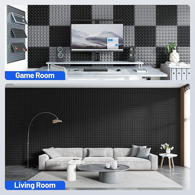 48 Pack Pyramid Sound Proof Foam Panels for Walls with Updated Self-Adhesive 2"X12"X12" High Density Acoustic Panels Sound Absorbing Fast-Expanding Soundproof Wall Panels for Gaming Studio Decor-Black