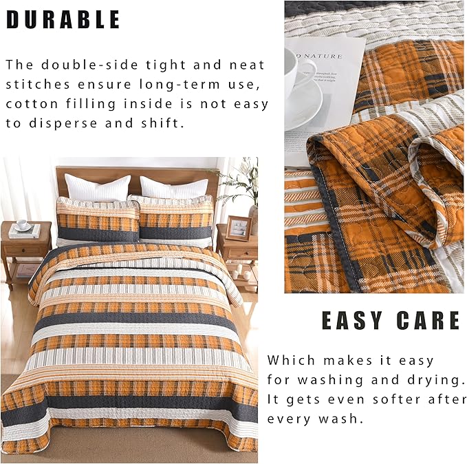 Homzard Queen Comforter Set,Cotton Quilts Queen Size,Caramel Orange Black Bedding,Plaid Striped Bedspread,Lightweight Reversible Bed Set 3 Pieces