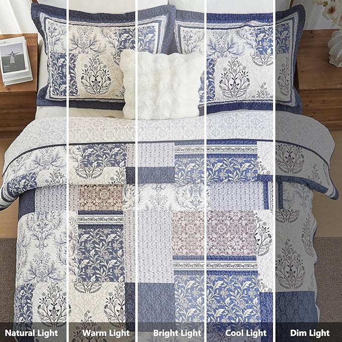 100% Cotton Quilt Set Queen Size - Floral Quilted Comforter, Patchwork Botanical Queen Quilt Bedspread, Reversible Vintage Farmhouse Lightweight Bedding for Queen Bed, 3pcs, Blue/Beige