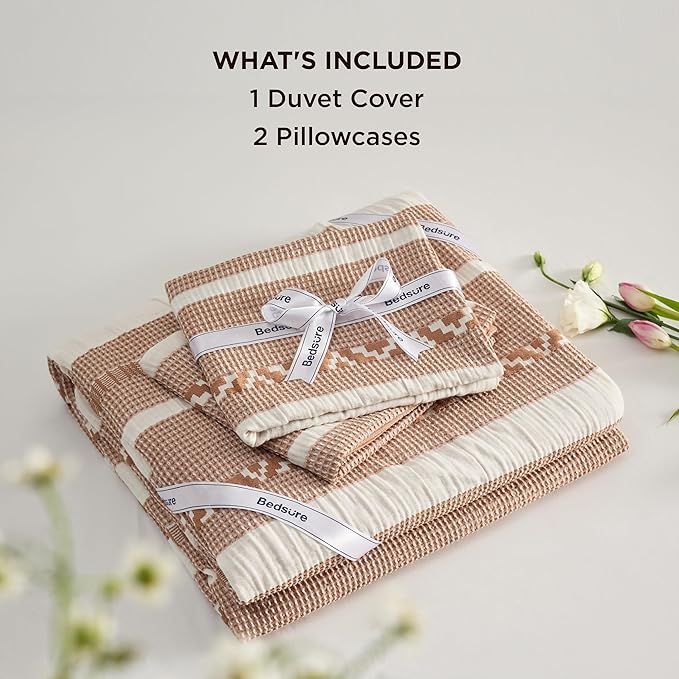 Bedsure Waffle Weave Duvet Cover Queen - 100% Cotton Boho Duvet Cover Set with 2 Pillowcases - Extra Soft Terracotta Textured Comforter Cover with Zipper Closure (Queen, 90"x90")