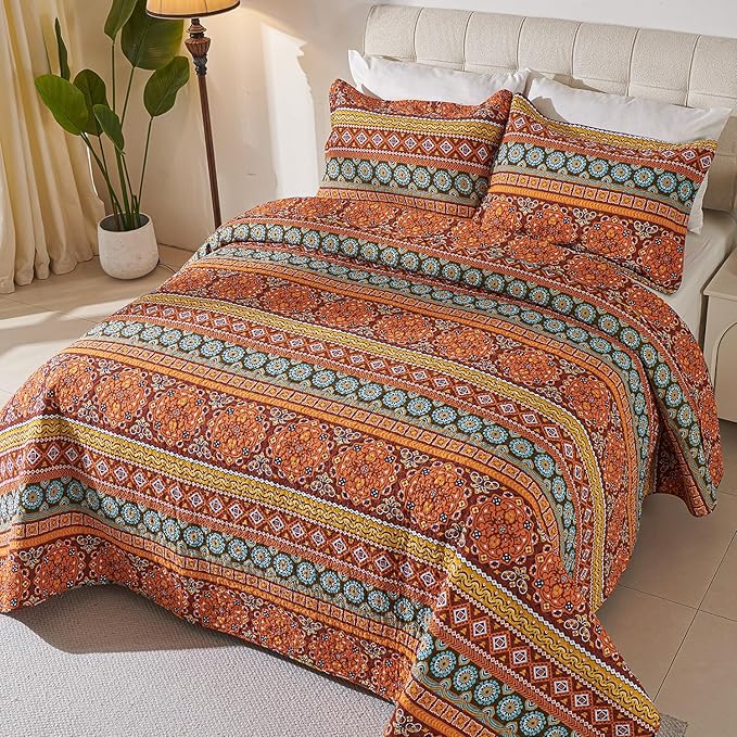 Cmfshape Orange Quilt Sets Bedspread Set 100% Cotton Boho Bedding Set, All Season Use Lightweight Reversible Coverlet Quilts with 2 Pillow Shams(Queen 92"x96")