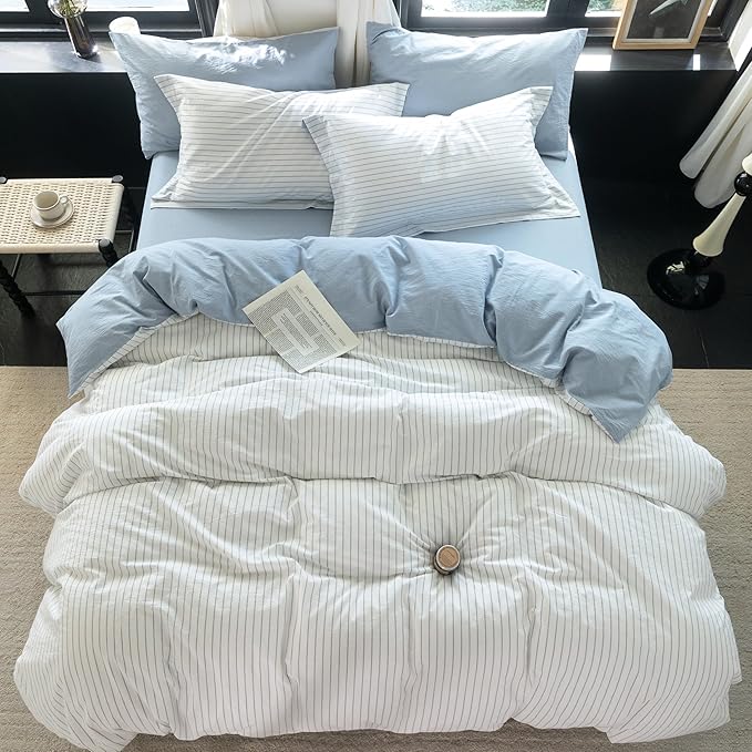Reversible Duvet Cover Set 100% Washed Cotton Sky Blue Stripe Linen Feel Duvet Cover Queen Size with Zipper Closure & 2 Pillow Shams,Sky Blue/White Stripe Reverse Solid Sky Blue