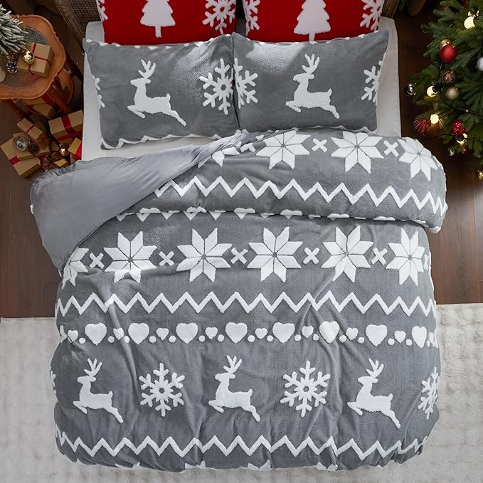 Bedsure Fluffy Christmas Duvet Cover Set - Ultra Soft Plush Shaggy Comforter Cover Queen Size, Warm Flannel Fleece Bed Sets for Winter, 3 Pieces, Reindeer Pattern, Grey