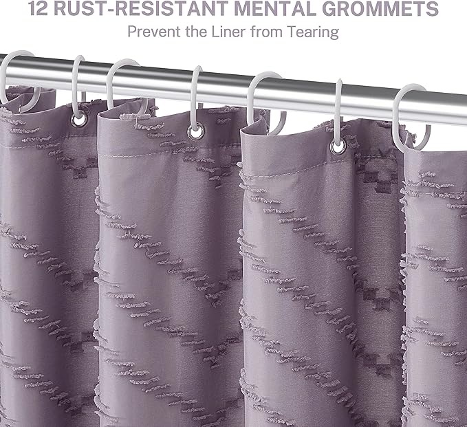 Purple Boho Shower Curtain Woven Fabric Purple Cute Shower Curtain Modern Farmhouse Textured Tufted Chevron Striped Minimalist 72 x 72 Bathroom Shower Curtain