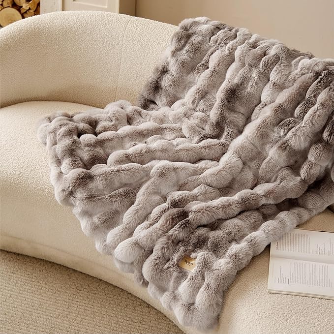 Bedsure GentleSoft Fluffy Faux Fur Throw Blanket, Fuzzy Soft Bubble Blanket for Couch, Faux Fur Decor for Home Bedroom Living Room, Thick Furry Cozy Gifts for Women, Tie-dye Brown, 50x60 Inch