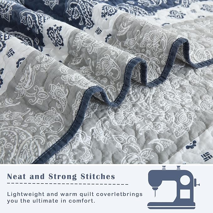 Quilt Bedding Set Queen Size, Cotton Comforters Set Queen Size,Navy Blue Grey Quilts Bedspread for The Bed, Farmhouse Lightweight Bedding (90 * 98 Inch) and 2 Pillow Shams All Season