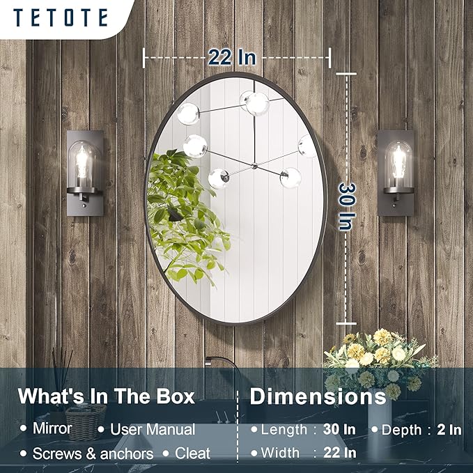 TETOTE Black Oval Mirror for Bathroom, 22 x 30 Matte Black Framed Oval Wall Mirror for Vanity, Modern Decorative Shatterproof Mirrors for Entryway, Living Room, Bedroom
