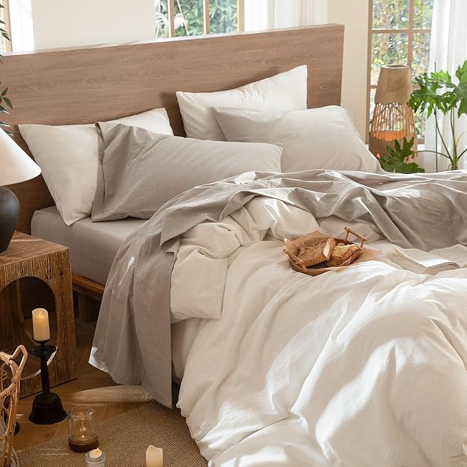MooMee Bedding Sheet Set 100% Washed Cotton Linen Like Textured Breathable Durable Soft Comfy (Heathered Tannish Linen Grey, California King)
