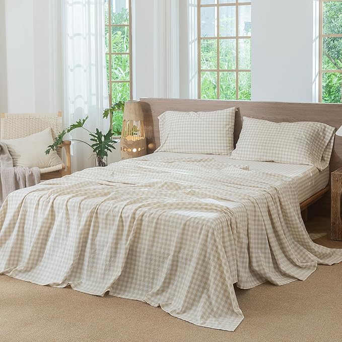 MooMee Gingham Sheet Set 100% Washed Cotton Linen Like Textured Breathable Soft w/Fully Elasticized 16-19" Deep Pocket (Classic Gingham Almond Milk Grey, King)
