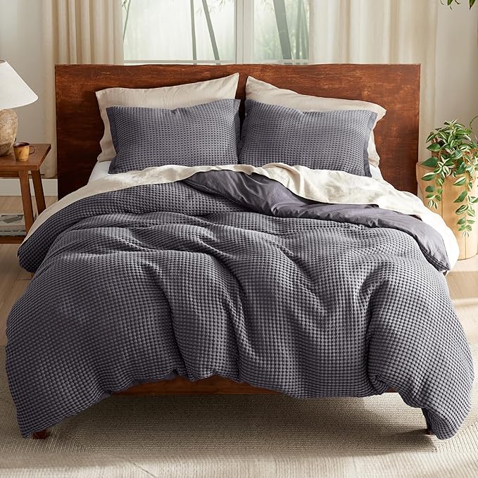 Bedsure Cooling Waffle Duvet Cover King - Cotton Blend Rayon Derived from Bamboo Duvet Cover Set for Hot Sleepers, Breathable Bedding Set with a Vintage Charm, 3 Pieces (Charcoal, King, 104"x90")