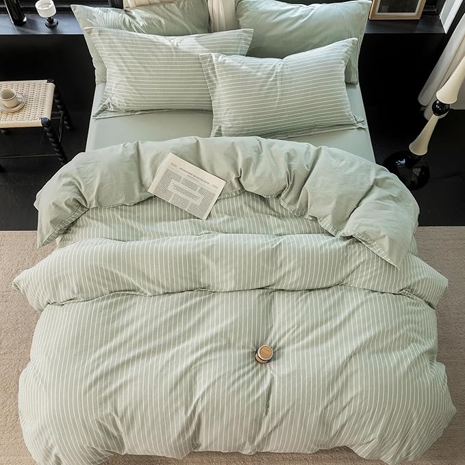 Reversible Duvet Cover Set 100% Washed Cotton Green Stripe Linen Feel Duvet Cover King Size with Zipper Closure & 2 Pillow Shams,Celadon Green/White Stripe Reverse Solid Celadon Green