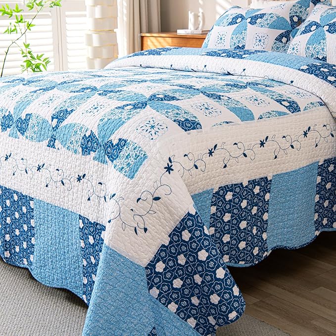 Cmfshape Blue Quilt Sets Bedspread Set 100% Cotton Patchwork Coin Pattern Bedding Set,All Season Use Lightweight Reversible Coverlet Quilts with 2 Pillow Shams(Queen 92"x96")