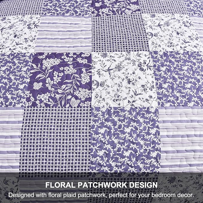 Mybedsoul Purple Quilt Set Queen Size,3 Pieces Boho Floral Plaid Bedspread Coverlet Set for All Season,Patchwork Reversible Bedding Set Queen 90"x96"