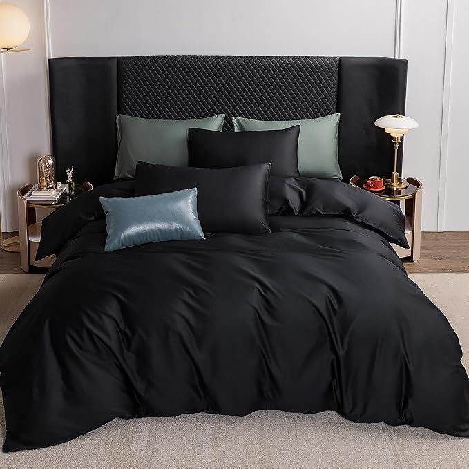 MooMee Duvet Cover Set 100% Extra Long Staple Cotton 600 Thread Count Silky Sateen Smooth Luxury Soft Breathable Durable Hotel Quality Bedding, 3 Pieces (Black, Full 80"x90")