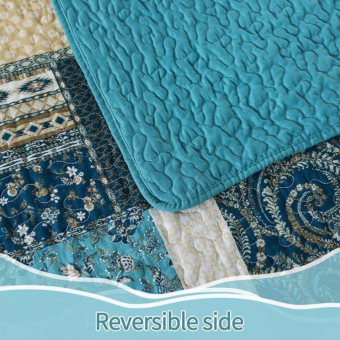 BEDIFANY Cotton King Size Quilt Set, Lightweight Bedspread King Size Coverlet Boho King Quilt, Soft Farmhouse King Quilt Bedding Sets for Bed Decorations for All Seasons (3 Pieces, Blue)