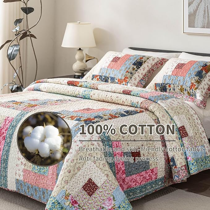meadow park Cotton Real Patchwork Quilt Set 3-Piece. 100% Washed Cotton. 208 Hand Cut Patches. Allover Quilting. Reversible Coverlet Set. (Queen)