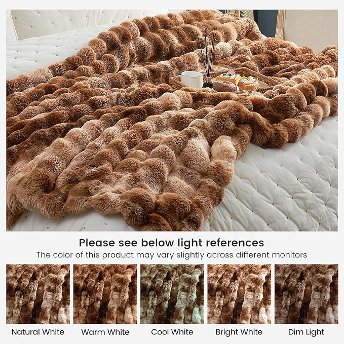 Cozy Bliss Faux Fur Throw Blanket King Size, Fuzzy Soft Plush Thick Bubble Blanket for Bed Couch Bedroom Living Room, 108x90 Inches Tie-dye Brown