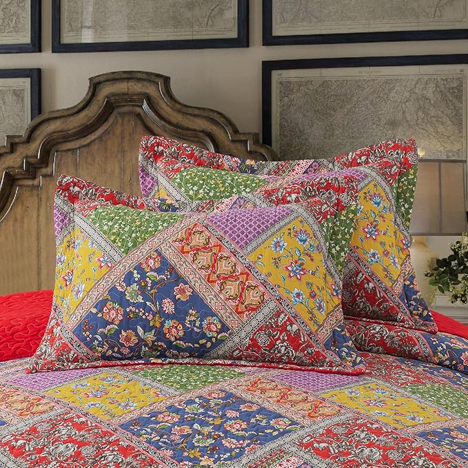 BEDIFANY Cotton Queen Quilt Set - Vintage Farmhouse Bedspread with Vibrant Floral Pattern, 3-Piece Lightweight Coverlet (90x98 Inch) + 2 Pillow Shams, All Seasons Multicolor Quilt Bedding Set