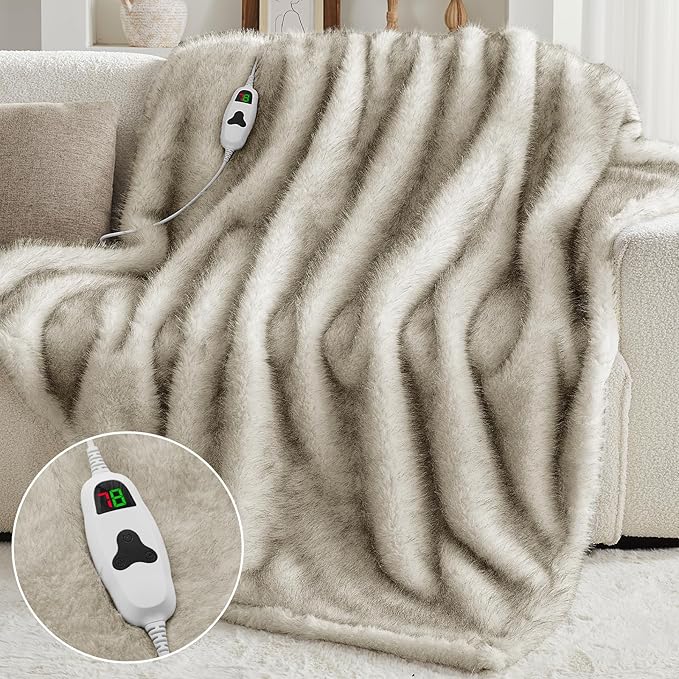 Heated Electric Blanket Throw,Octrot 50"X60" Faux Fur Heating Blanket Luxury Christmas Gifts Heavy Plush with 10 Heats Levels & 8 Hours Auto Off,Super Cozy Warm Fuzzy,Fluffy Decor Winter Warming,Beige