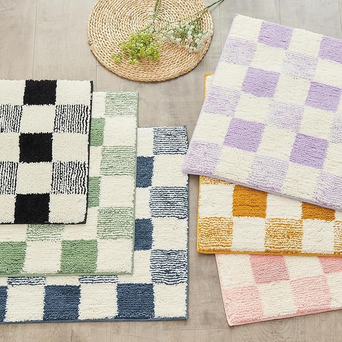 CozeCube Bath mats for Bathroom Non Slip, Fluffy Absorbent Microfiber Bath mat Washable, Aesthetic Bathroom Rugs, Long Sage Green Checkered Bath Runner, Sage Green, 59" x 24"