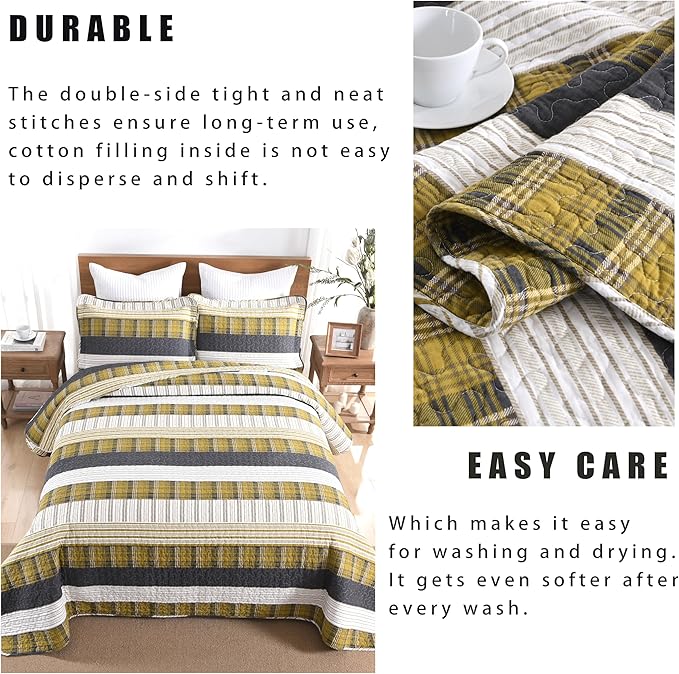 Homzard King Comforter,Cotton King Size Quilt,Amber Green Black Bedding Set,Plaid Striped Bedspread,Lightweight Reversible Coverlet 3 Pieces