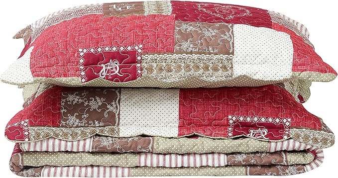 Brilliant Sunshine BurgundyHeart Love, Floral and Lace Patchwork, 3-Piece Quilt Set with 2 Shams, Reversible Bedspread, Soft Lightweight Coverlet, All-Season, Full/Queen, Burgundy