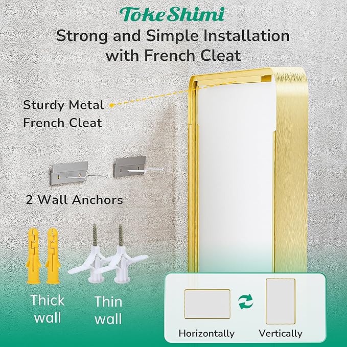 TokeShimi Brushed Gold Bathroom Mirror,40x30 Large Bathroom Mirror Rectangle,Aluminum Vanity Mirror Bathroom Wall with Tempered Glass,Modern Gold Mirror Framed(Horizontal/Vertical)