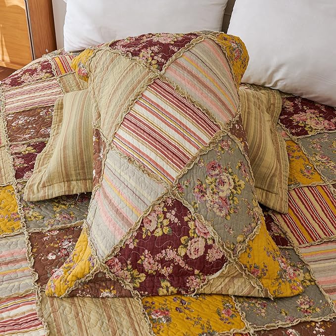 Cmfshape Floral Quilt Sets Bedspread Set 100% Cotton Patchwork Bedding Set, All Season Use Lightweight Reversible Coverlet Quilts with 2 Pillow Shams(Queen 92"x96")