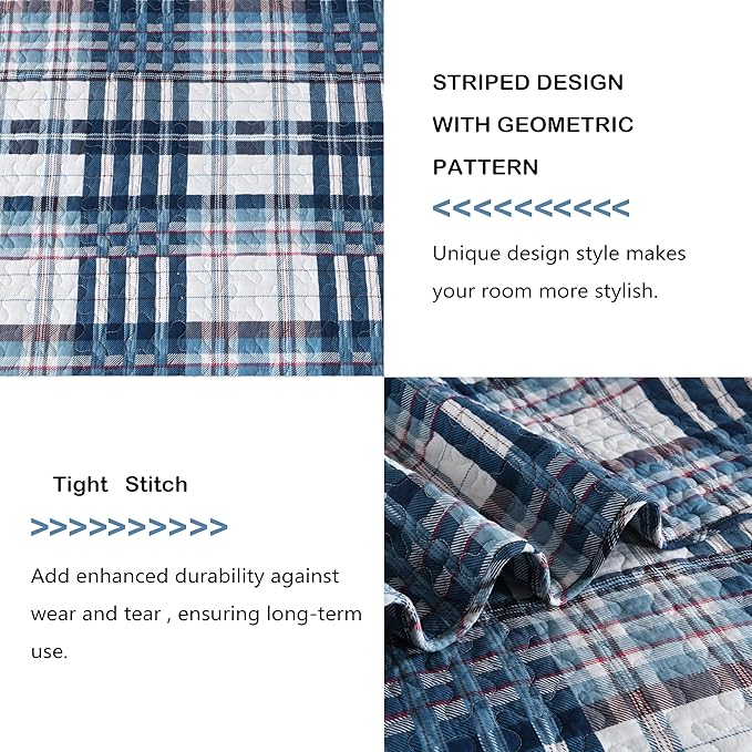 Quilt King Size, Cotton King Size Comforter Set, Blue White Striped Bedding Sets, Plaid King Bedspread,Striped Bed Set Lightweight Reversible All Season 3 Piece