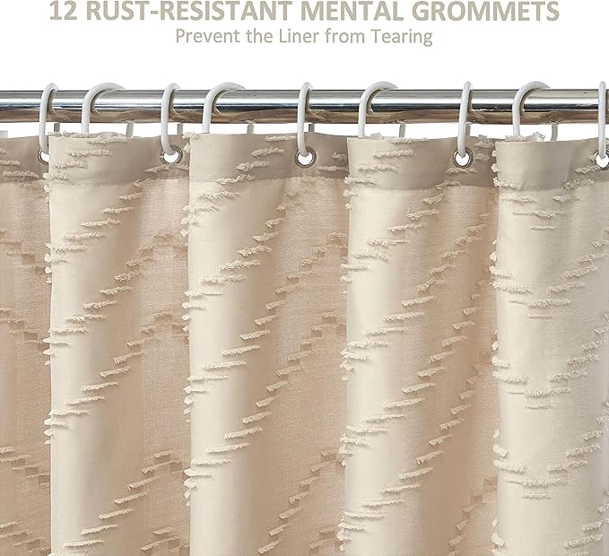 Extra Long Boho Shower Curtain, Woven Fabric 84 in Beige Shower Curtain, 72 x 84, Tufted Chevron Striped Modern Chic Textured Minimalist Bathroom
