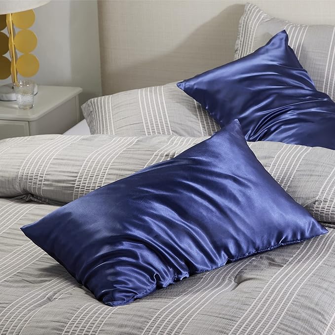 Bedsure Satin Pillowcase with Zipper, Similar to Silk Pillow Cases 2 Pack, Satin Pillow Cases Queen Size Set of 2, Silky & Soft Navy Pillow Covers for Hair and Skin, Gifts for Women Men, 20x30 Inches