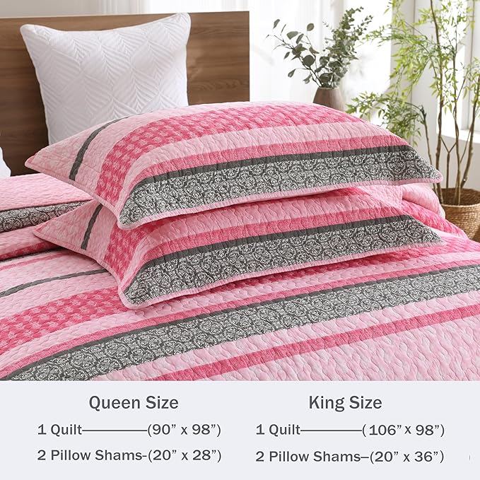 Homzard Quilts Queen Size, Cotton Comforter Set, Hot Pink Grey Queen Bed Set, Lightweight Striped Bedding, Farmhouse Bedspread All Season 3 Pieces