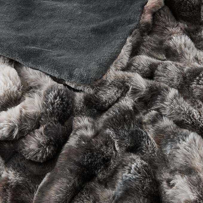 Fluffy Faux Rabbit Fur Throw Blanket - Soft, Luxury, Cozy Thick Warm Decorative Bubble Blanket for Bed, Sofa (Throw Size 50''x60'', Tie-Dyed Dark Grey)