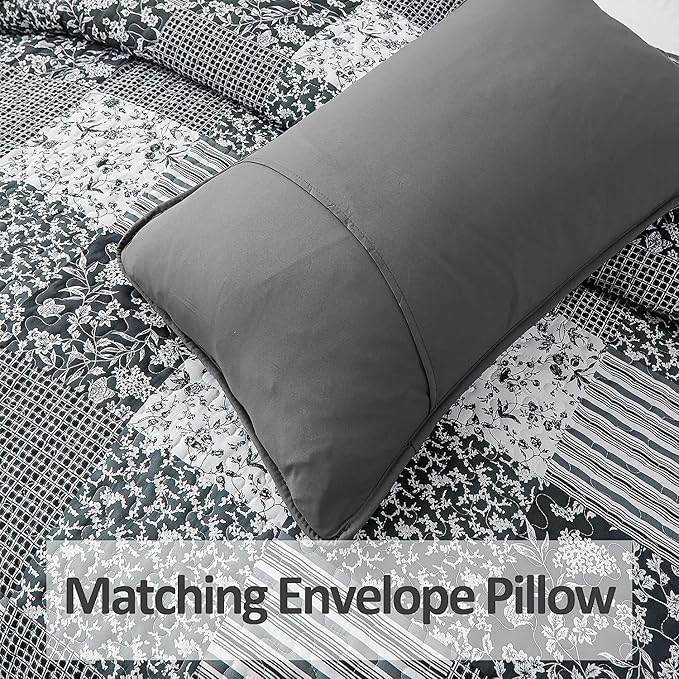 Mybedsoul Black Grey Boho Quilt Set California King Size,3 Pieces Plaid Floral Bedspread Coverlet Set for All Season,Patchwork Reversible Bedding Set 106"x 96"