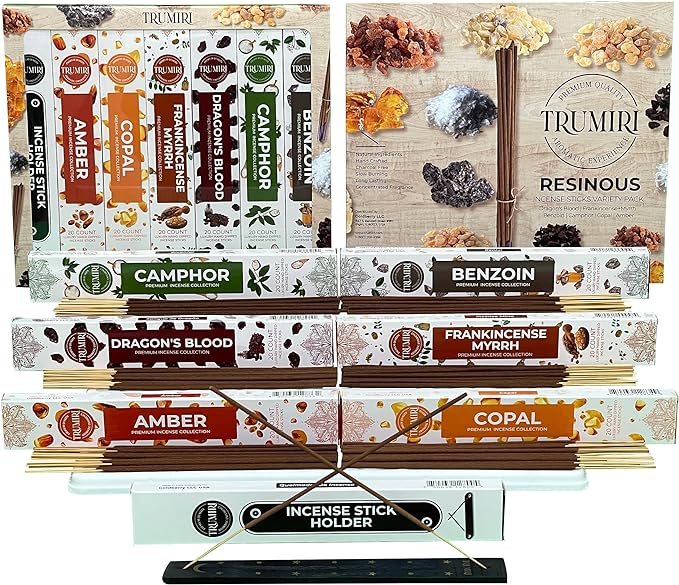 Trumiri Incense Sticks - 120 Insence-Sticks (20 Insense x 6 Incents) - Incienso Inscents-Sticks with Dragon Blood Frankincense Myrrh Benzoin Amber Copal Resin and Camphor Alcanfor + Incense Holder
