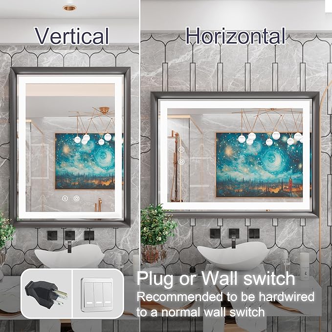 28x36 Inch LED Mirror for Bathroom, 3 Color Temperatures (3000K/4500K/6000K), Anti-Fog, Dimmable Lights, Memory Function, Matte Black Aluminum Frame