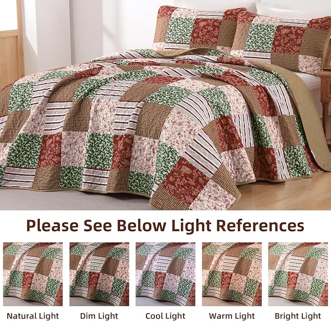 Mybedsoul Christmas Quilt Set Queen Size, 3 Pieces Red Green Floral Plaid Bedspread Coverlet Set, Reversible Soft Microfiber Bedding Set for All Season, Fall Winter Queen Christmas 90"x96"