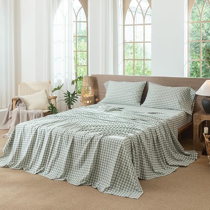 MooMee Gingham Sheet Set 100% Washed Cotton Linen Like Textured Breathable Soft w/ Fully Elasticized 16-19" Deep Pocket (Classic Gingham Sage Green, King)